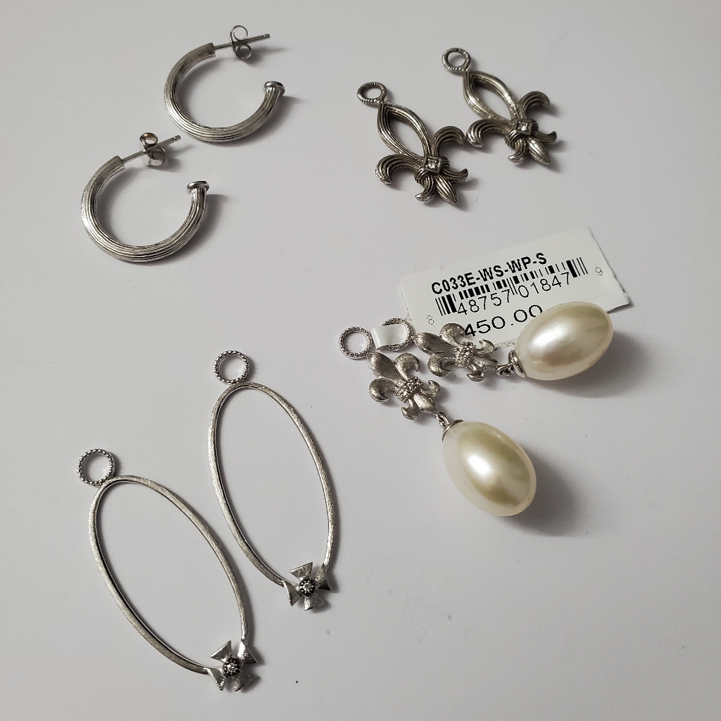 Rare Sterling Silver 925 Diamond And Pearl Interchangeable Hoop Earrings